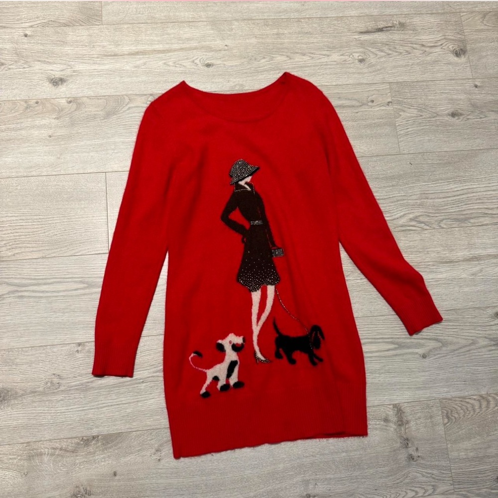 Red Sweater with Fashionable Lady and Dogs Design